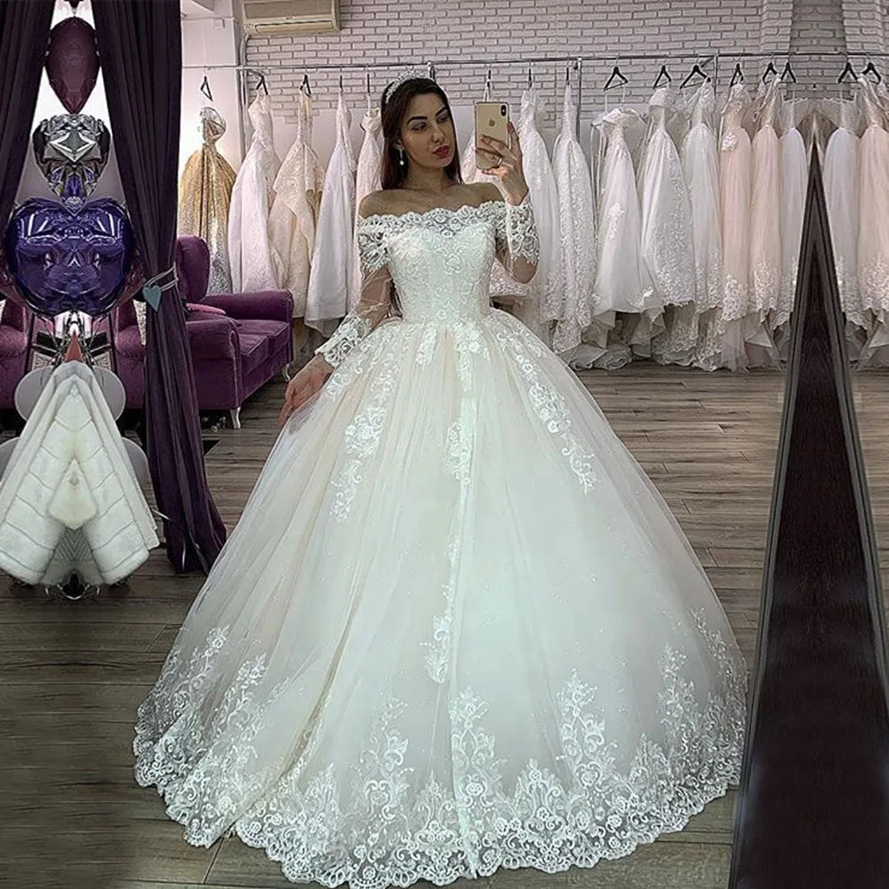 Robe de mariée boule, col bateau, manches longues, avec des Appliques en dentelle, longueur au sol, traîne de balayage, magnifique robe de mariée sur mesure, nouvelle collection 