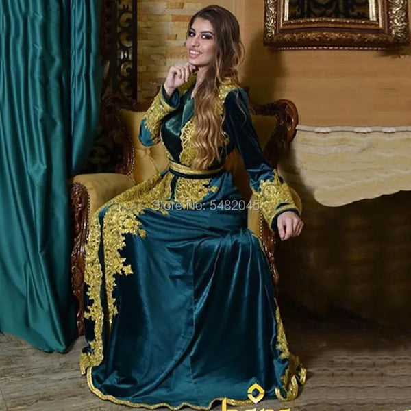 Moroccan Kaftan Evening Dresses V-Neck Appliques Gold Long Sleeves Vintage A-Line Arabic Prom Dress Muslim Party Gown