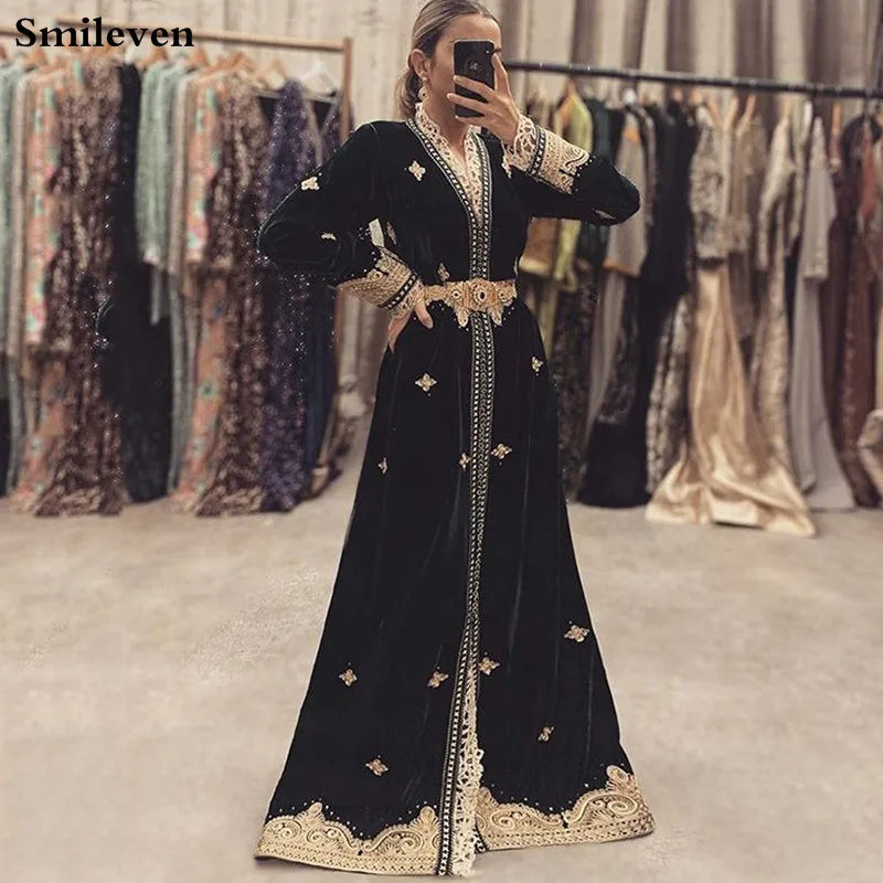 Velvet Moroccan caftan Evening Dresses V Neck Lace Mother Dress Arabic Muslim Special Occasion Dresses Party Gowns