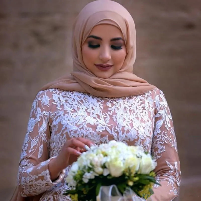 Élégant arabe musulman 2024 robe de bal robes de mariée col haut manches longues robes de mariée dentelle tulle balayage train robes de mariee