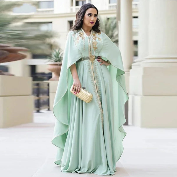Moroccan Caftan Mint Green Evening Dresses Long Half Sleeves Dubai Formal Gown Embroidery Prom Dress Plus Size