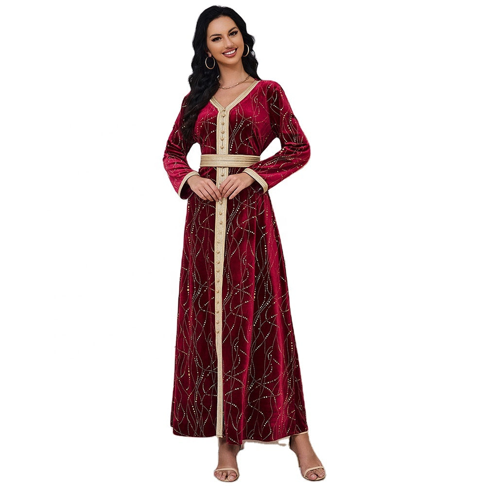 Velvet Autumn Winter Gold Stamping Moda Red Night Vestido Elegante de Manga Lonja Abaya com Sashes Mulheres Muçulmanas