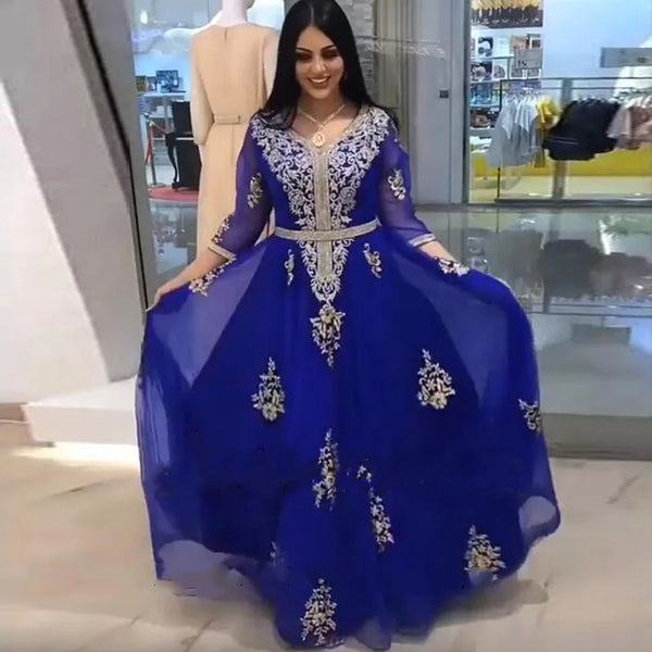 Royal Blue Moroccan Kaftan Evening Dresses 3/4 Sleeves Appliques Arabic Pleat Special Occasion Muslim Formal Party Gowns