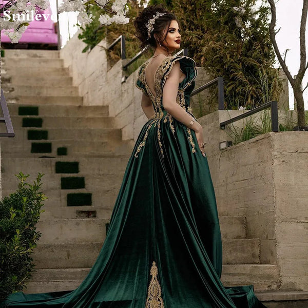 Hunter Green Moroccan Caftan Velvet Evening Dress Appliqued Lace Outfit Prom Gowns Dubai Arabic Women Party Dresses