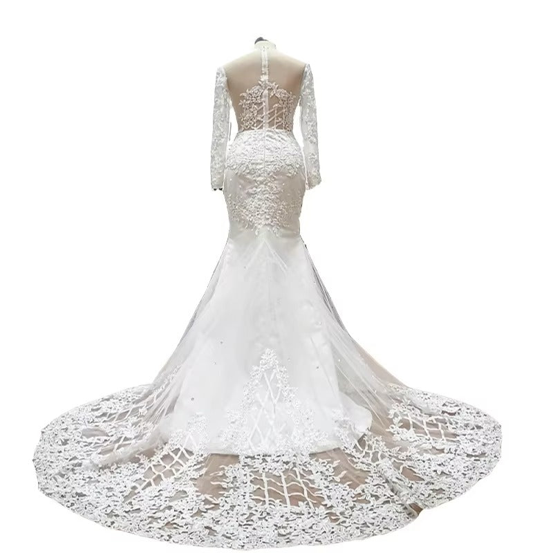 Funkelnde Spitzen Hochzeitskleid Meerjungfrau Illusion Mieder Vestido de noiva Langarm Langarm Sheer Neck Applizes Brautkleider Frühling Frühling