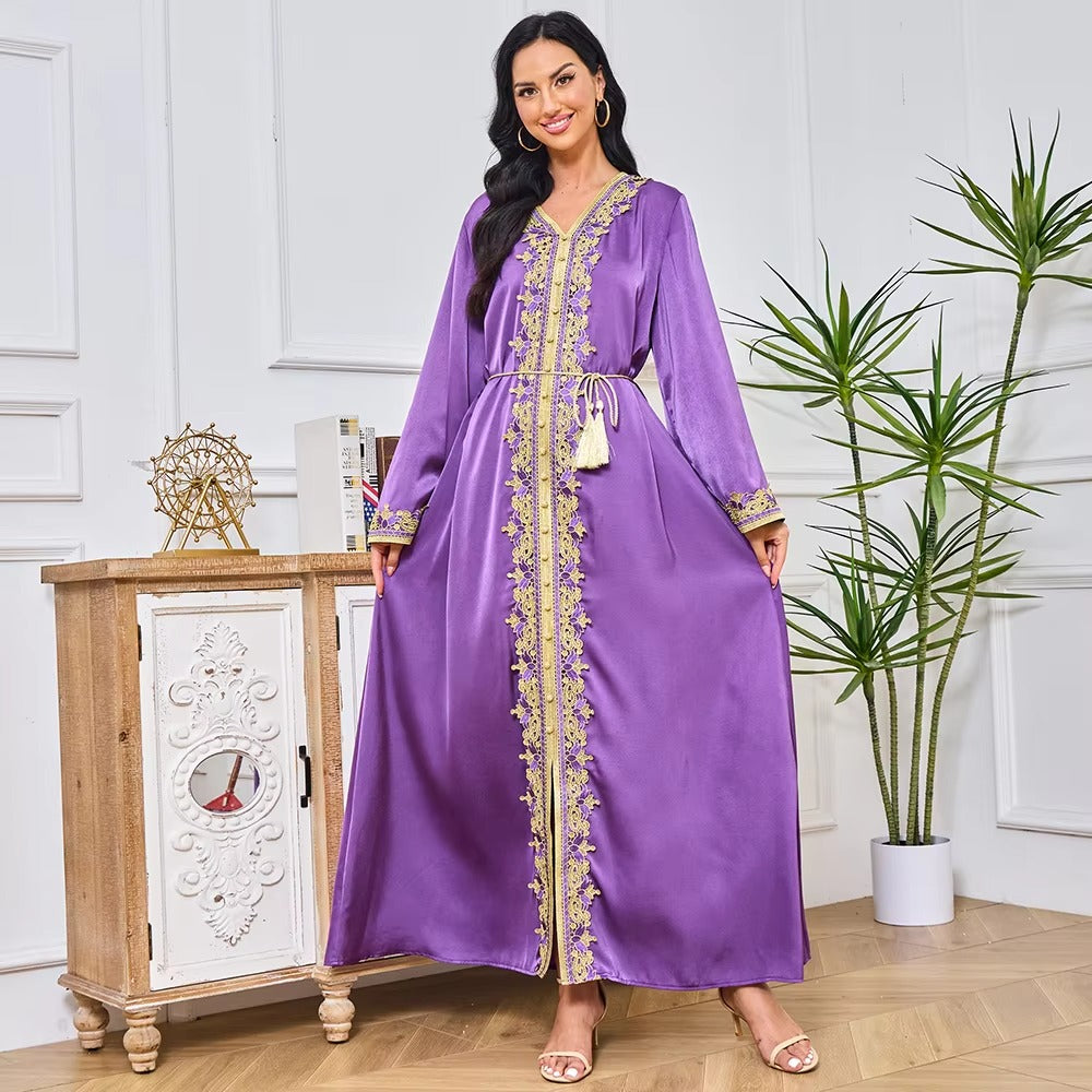 Abayah für Frauen 2023 Dubai Chic Solid Full Sleeve V-Neck Gürtelkleidung elegantes lässiges marokkanisches langes Kleid