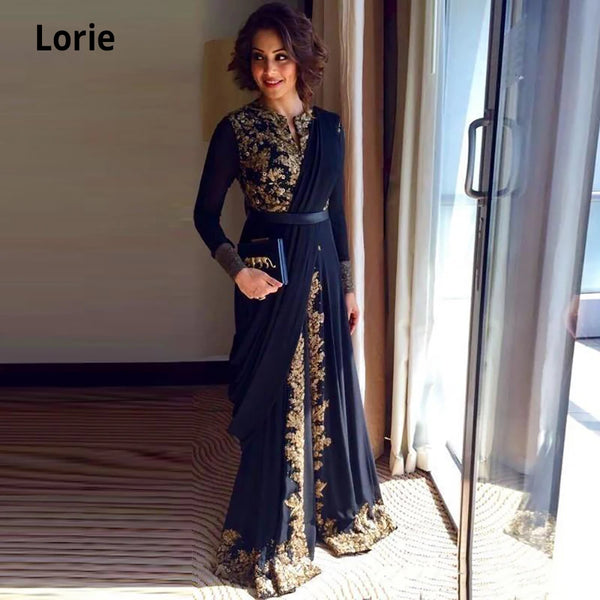 Moroccan Kaftan Navy Evening Dresses Gold Lace Appliques Women Mother Dress Arabic Muslim Long Sleeve Prom Party Gown