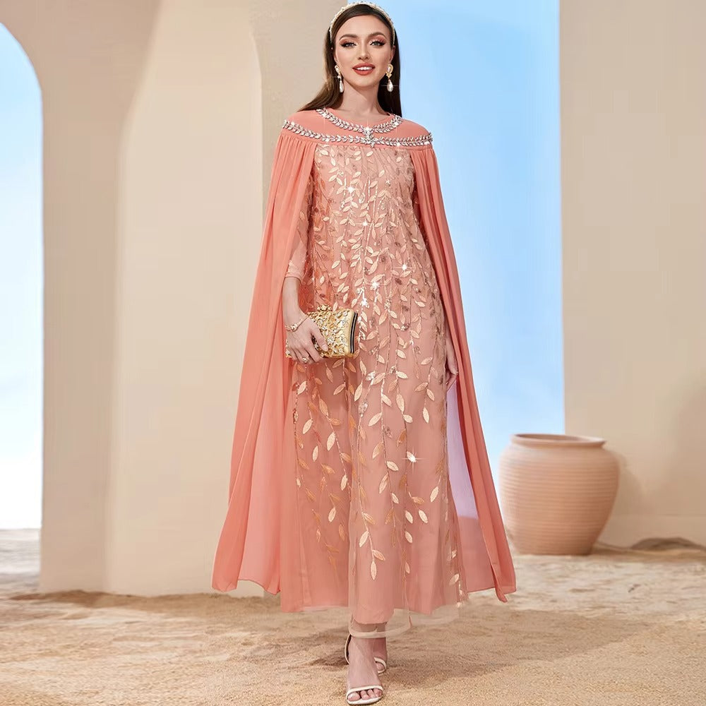 Mode Royal Caftan femmes turc Chic maille Cape strass broderie poignet manches élégante soirée longue robe