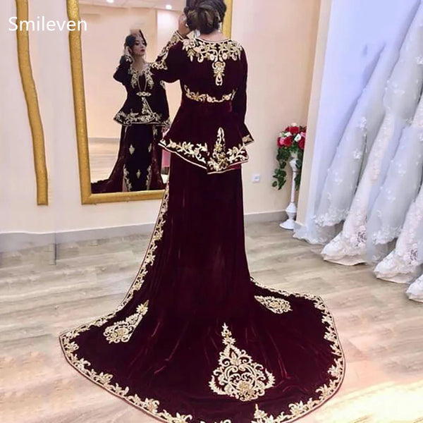 Burgundy Caftan Evening Dresses Velvet Elegant Karakou Algerian Prom Dresses Lace Evening Party Gowns