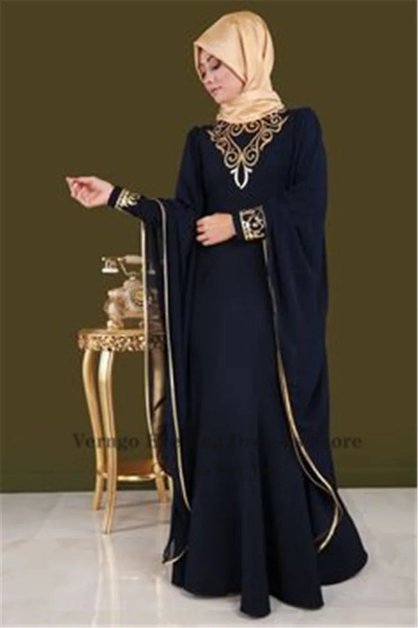Mermaid Evening Dresses Moroccan Kaftan Dubai Arabic Long Sleeve Scarf Gold Applique Formal Gowns