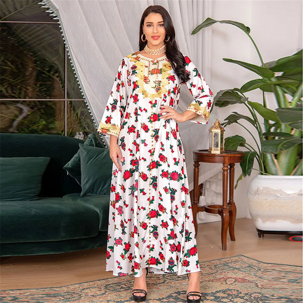 Moroccan Muslim Abaya Floral Print Women Long Maxi Dress Turkey Arab Dubai Eid Party Femme Ramadan Kaftan Jalabiya Vestidos Gown
