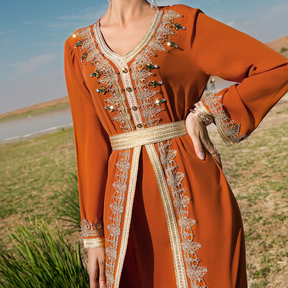 Arab Fashion Dresses Handsewn Diamonds Lace Tape Belted Abaya African Clothing Ethnic Long Sleeve V-Neck Elegant Caftan