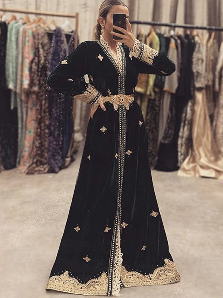 Caftan marocain en velours, robe de soirée en dentelle, col en V, robe mère arabe musulmane, pour occasions spéciales, robes de soirée