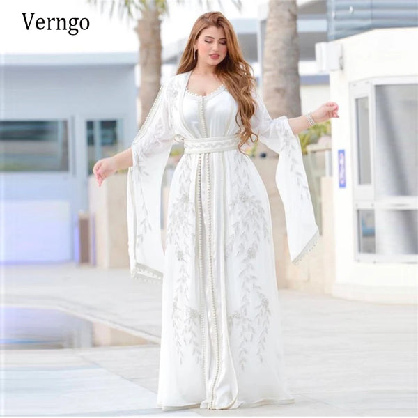 New Dubai Kaftan White Two Pieces Evening Dresses Silk Chiffon V Neck Long Open Sleeves Sash Lace Applique Prom Gowns