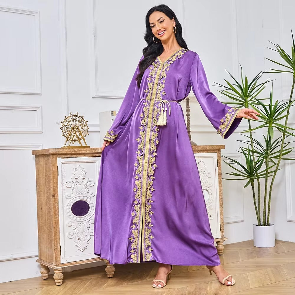 Abayah For Women 2023 Dubai Chic Solid Full Sleeve V-Neck Belted Clothing Elegant Casual Moroccan Long Dress