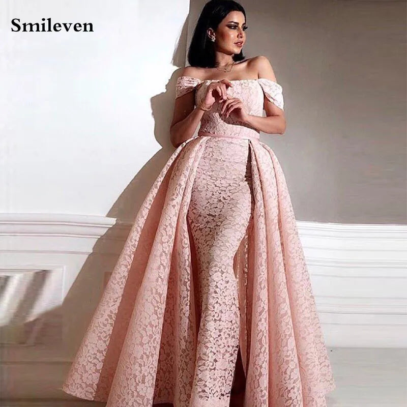 Lace Pink Moroccan caftan Off The Should Evening Dress With Detachable Train Sexy Formal Party Dress
