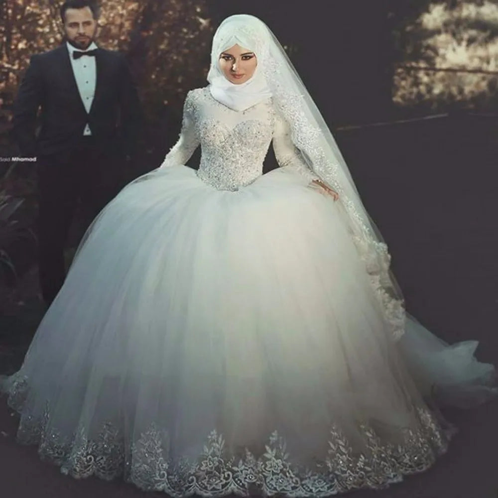 Vestido De Noiva Vintage Lace Long Sleeve Arab Muslim Wedding Dress Elegant Tulle Appliques Wedding Bridal Gowns Plus Size