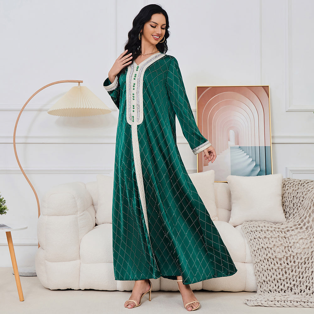 Arabische vrouwen kleding Diamanten Casual losse lange mouw V-hals Abaya Jalabiyat Marokkaans Afrikaans avondfeestje Caftan