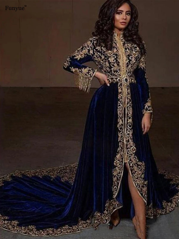 Luxurious Caftan Long Sleeve Formal Evening Dress New Arrival Delicate High Neck Gold Lace Velvet Evening Prom Party Gowns