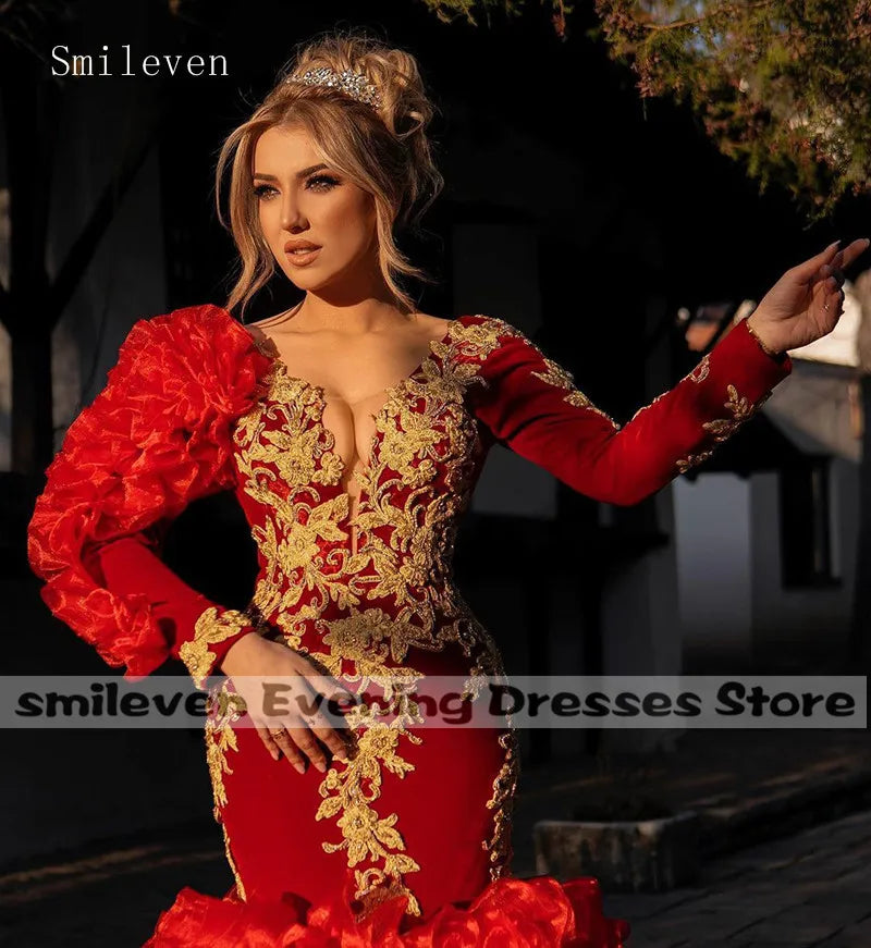 V Neck Red Morocco Caftan Mermaid Evening Party Dresses Long Sleeve Gold Lace Prom Gown Saudi Arabia Red carpet Dress