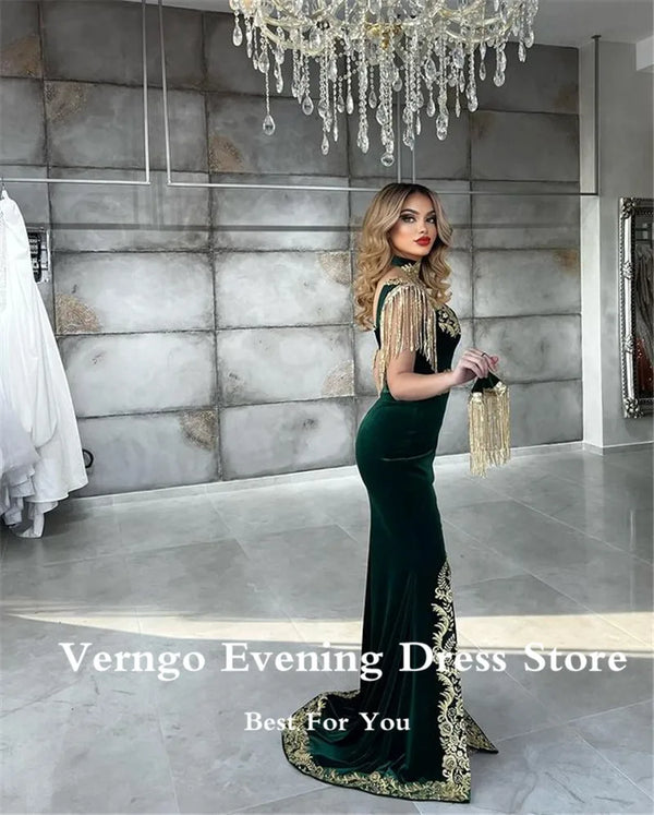 Emerald Green Velvet Mermaid Evening Dresses Kaftan Dubai Women Lace Applique Slit Tassel Luxury Long Prom Dress
