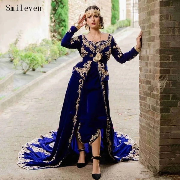 Royal Blue Algerian Caftan Evening Dress Morocco Velvet Special Occasion Dresses Appliqued Lace Outfit Prom Party Gowns