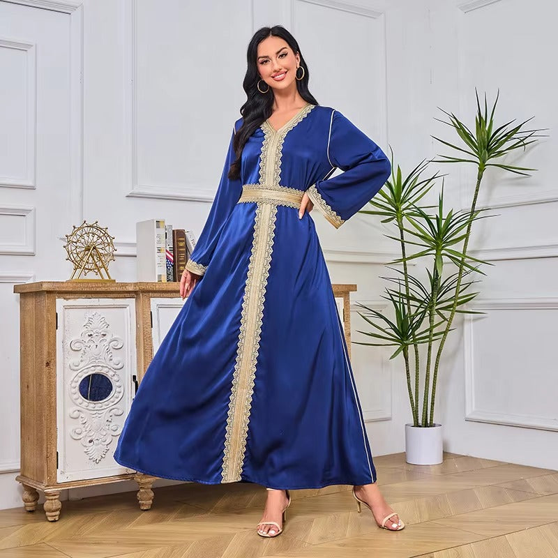 Mode marokkanischer Kaftan für Frauen 2 Stück Sashes Guipure Spitzeneinsatz Volles Ärmel Elegante schicke weibliche weibliche Kleider