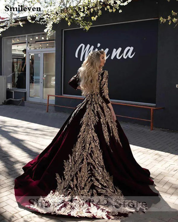 Caftan karakou algerien Formal Evening Dresses 3/4 Sleeve Burgundy Velvet Gold Lace Peplum Occasion Evening Prom Gown
