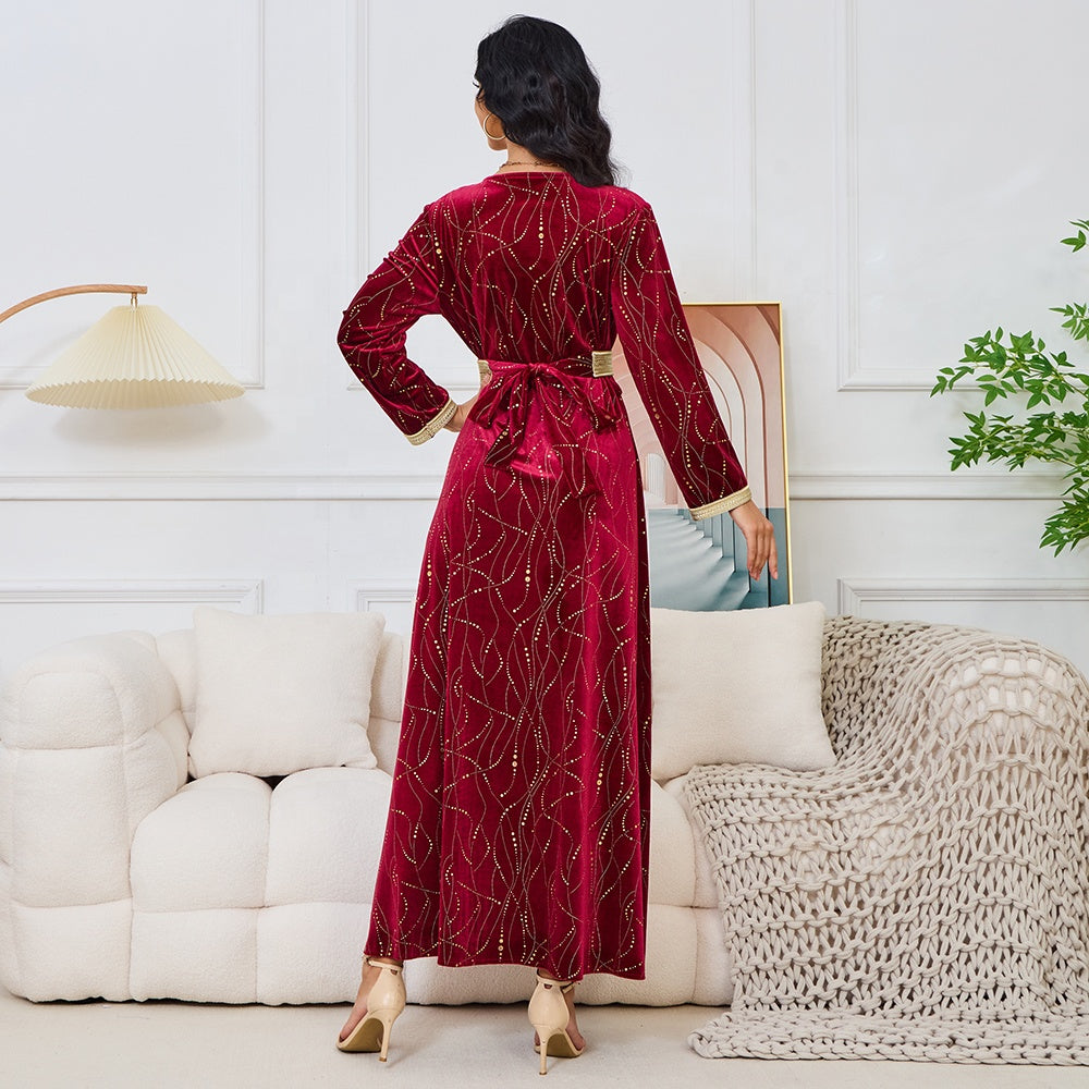 Velvet Autumn Winter Gold Stamping Moda Red Night Vestido Elegante de Manga Lonja Abaya com Sashes Mulheres Muçulmanas