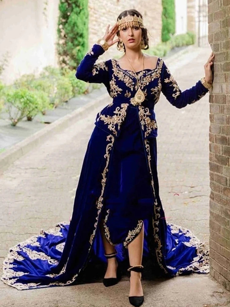 Royal Blue Algerian Caftan Evening Dress Morocco Velvet Special Occasion Dresses Appliqued Lace Outfit Prom Party Gowns royal Blue