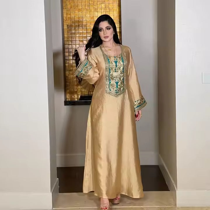 Vintage Ethnic Embroidered Abaya Dress for Women Autumn 2021 Middle East Dubai Arabic Oman Kuwait Moroccan Kaftan Muslim Clothes