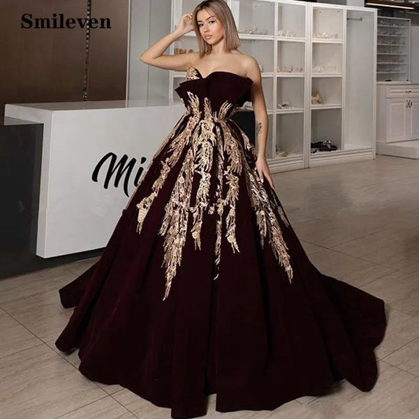 Caftan Evening Dress Burgundy Velvet A Line Prom Dresses Arabic Gold Lace Applique Ruched Dubai Formal Party Gowns