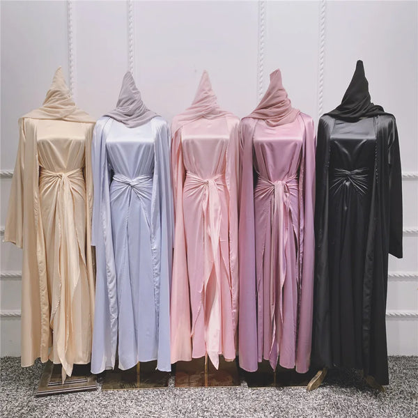 Muslim Women Open Abaya Satin 3/4 Piece Suits Arabic Turkish Party Evening Outfits Kimono+Wrap+Dress Set Islamic Caftan Vestidos