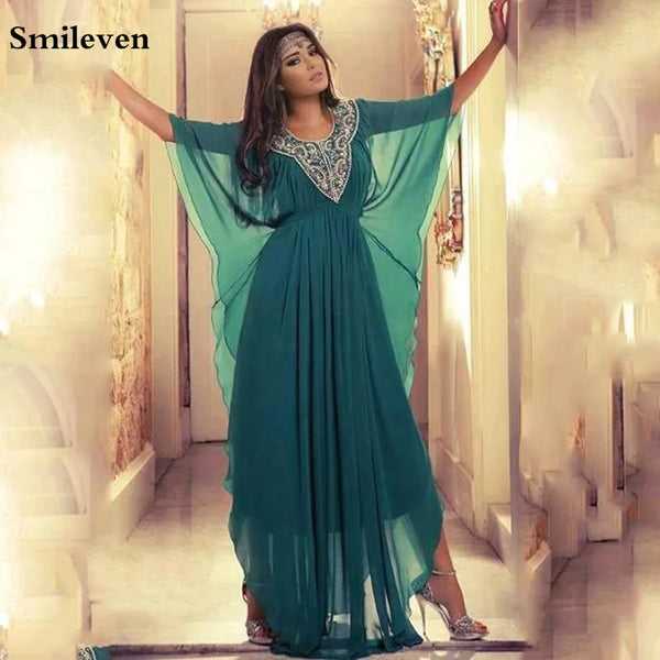 Hunter Green Evening Dresses Chiffon A Line Caftan Arabic Prom Dresses Plus Size Evening Party Gowns
