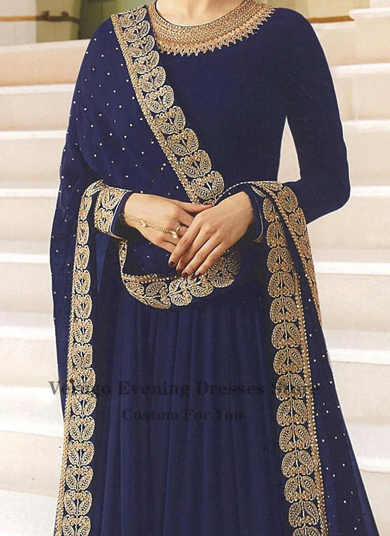Dubai Arabic Caftan Formal Evening Dresses Royal Blue Embroidery Applique Long Sleeves Party Suit Special Occasion Gowns