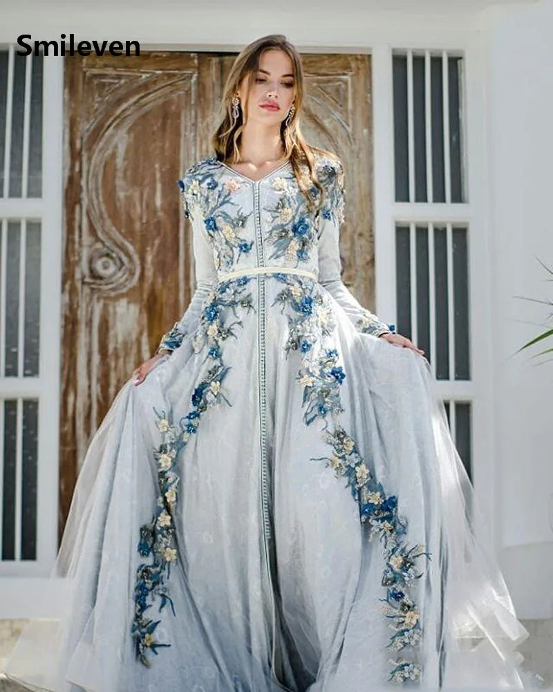 Moroccan caftan Sky Blue Evening Dresses 3D F lowers Arabic Muslim Special Occasion Dress Evening Party Gowns