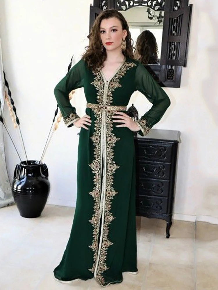 Dunkelgrüne marokkanische Caftan Evening Dress Long Sleevees Party Kleider applizierte Spitze Muslim besondere Anlässe Kleid