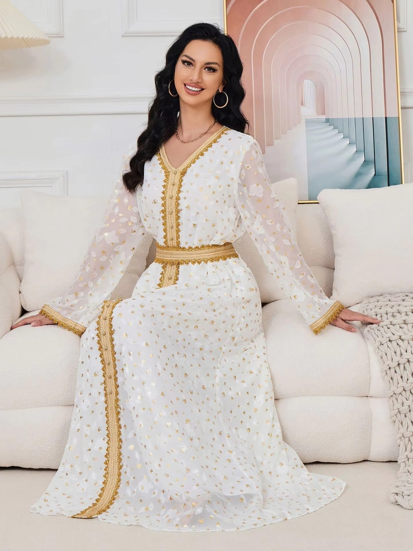 Gold Stamping Evening Party White Mesh Floral Long Rleeve Sukienka z szarfią Marokańską Islamską Dubaj Kaftan Kaftan