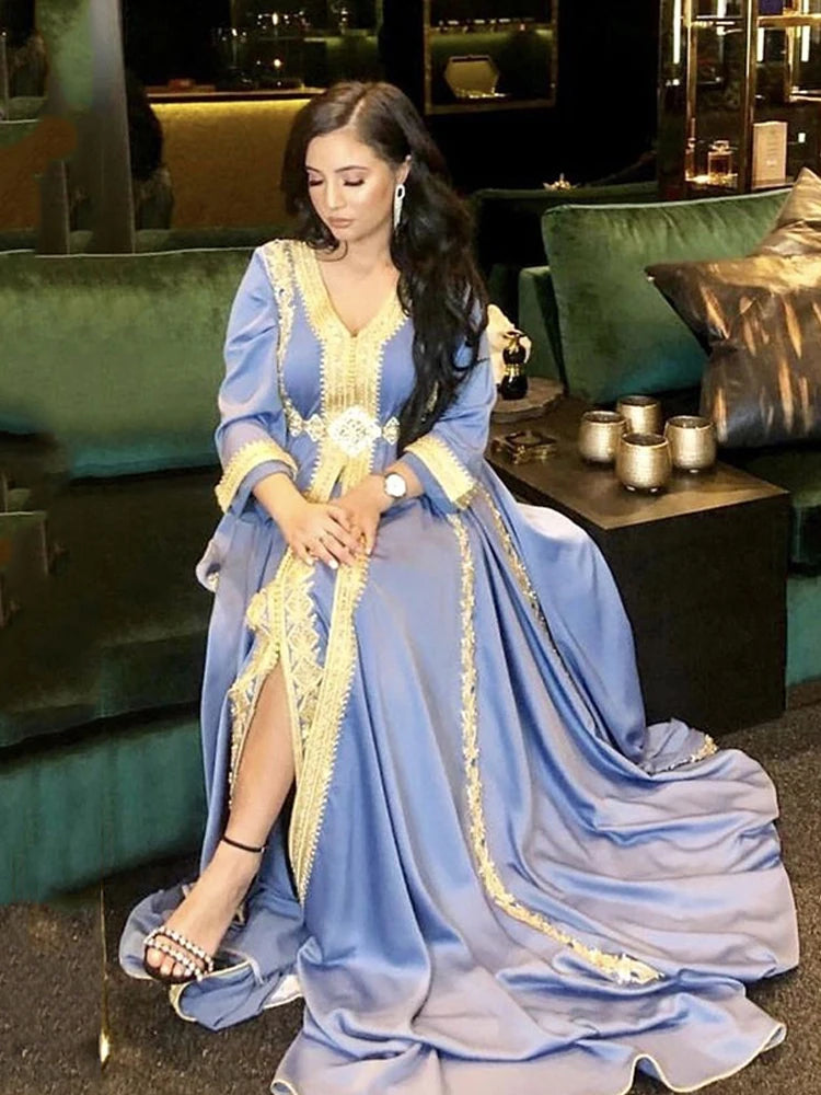 Caftan marocain en Satin, robe de soirée en dentelle, col en V, robe mère arabe musulmane, pour occasions spéciales, robes de soirée