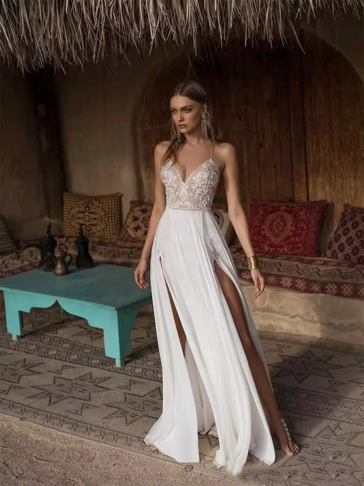 Appliqué in pizzo Sweep treno abito da sposa per donne sexy a-line spalancata spaghetti a v-collo senza sposa da sposa Robe de Mariée