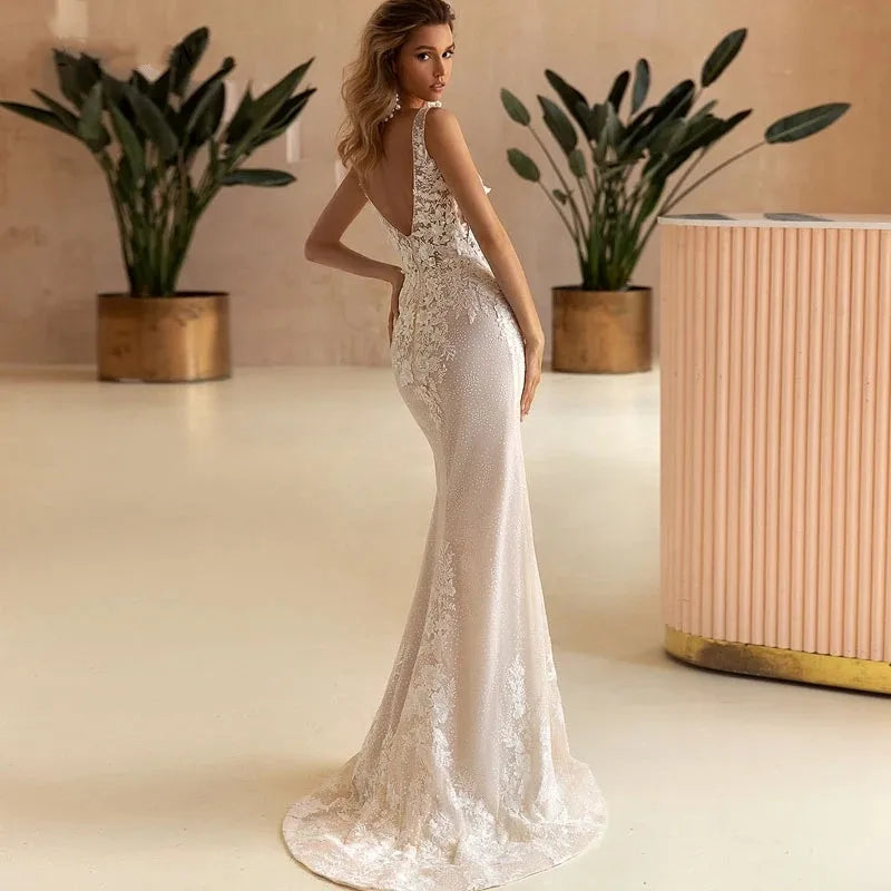 Sexy V-Neck Mermaid Wedding Dresses Lace Boho Backless Bride Gowns With Detachable Train Tulle Sleeveless Robe De Mariée