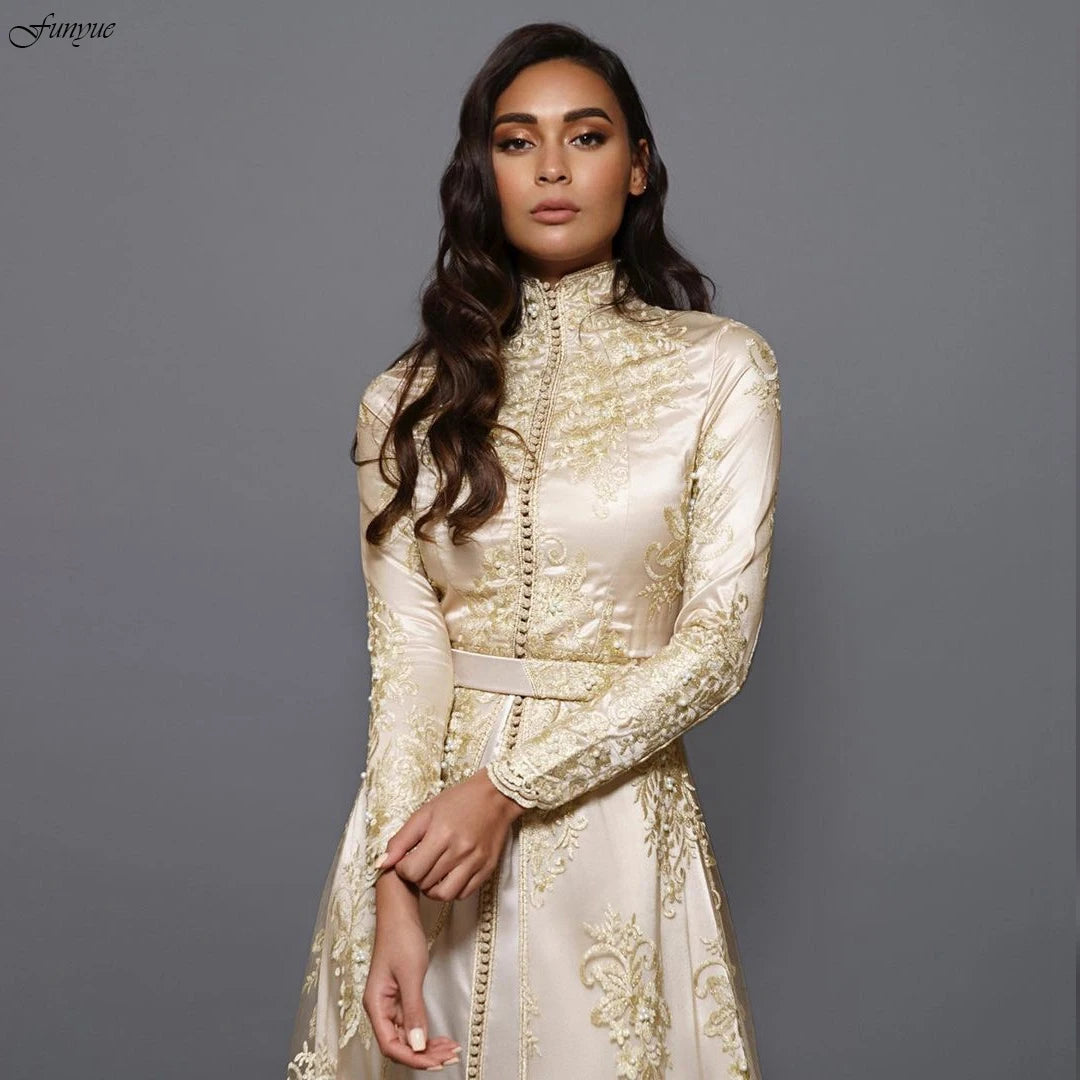 Champagne Moroccan Caftan Evening Gowns A-Line Long Sleeve Lace Special Occasion Dresses Dubai Formal Prom Dress Plus Size