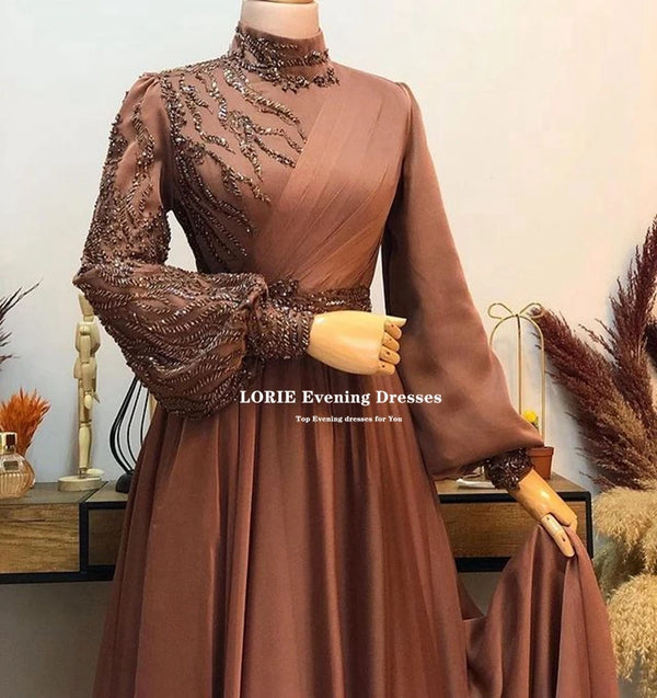 Dubai Kaftan Brown Organza A Line Prom Dresses With Glitter Beaded High Neck Evening Dresses Beach Party Gowns