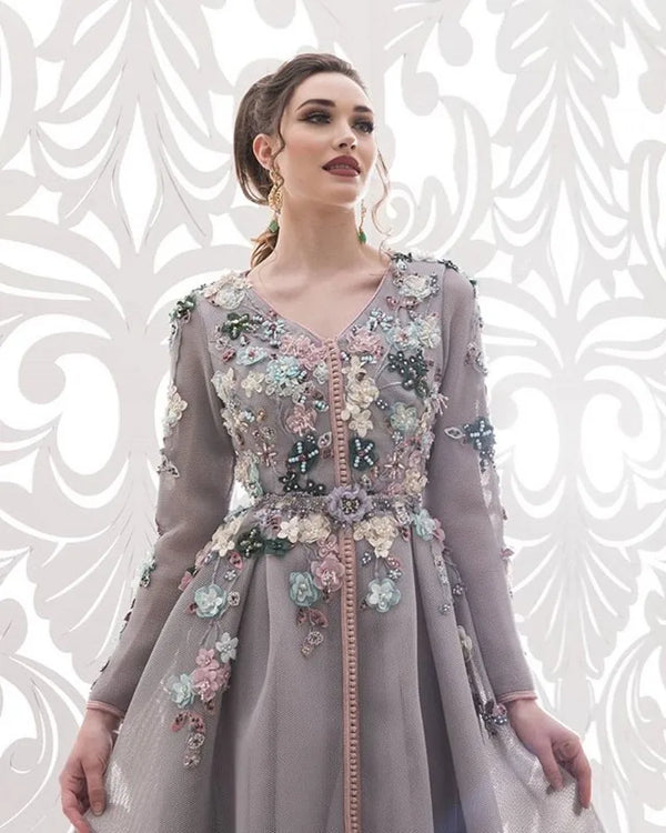 Long Evening Dresses Charming 3D Flowers Dubai Moroccan Kaftan Vestido De Fiesta De Boda Formal Robes De Soirée