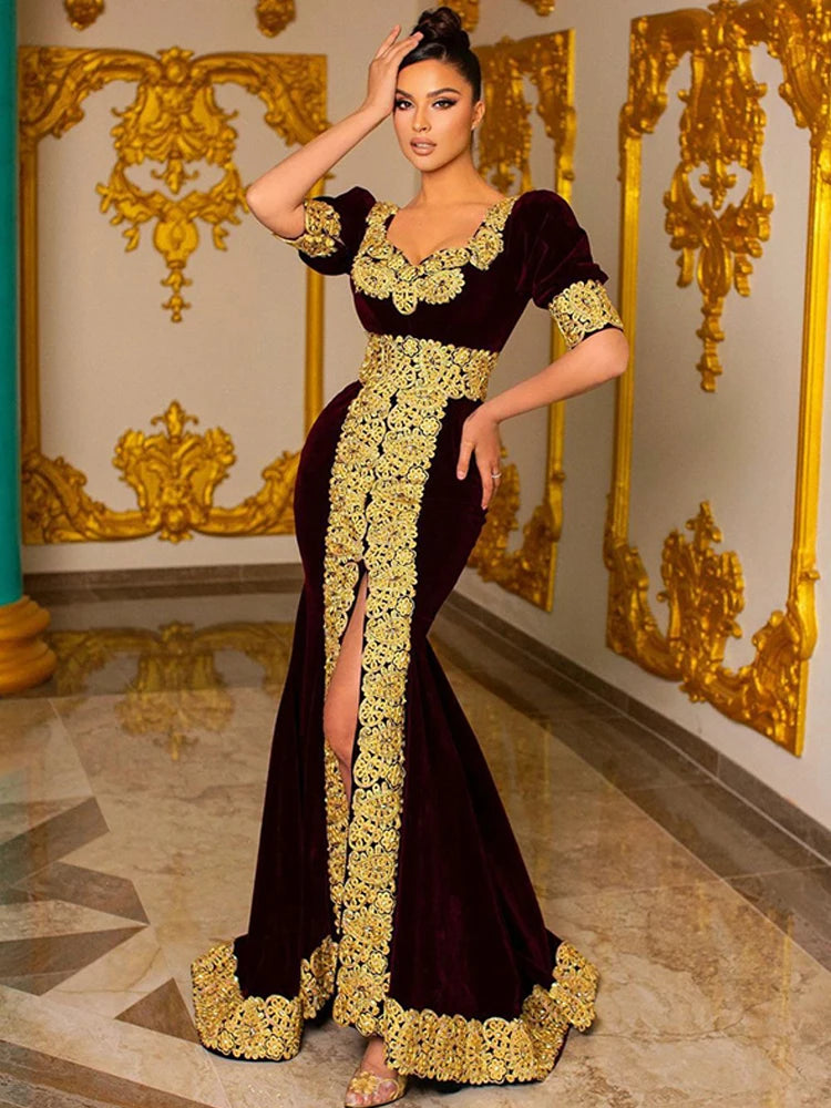 Burgundy Marokco Caftan Suknie wieczorowe Krótkie rękawie Glod Lace Mermaid Suknie Side Side Formal Evening Party Sukienka