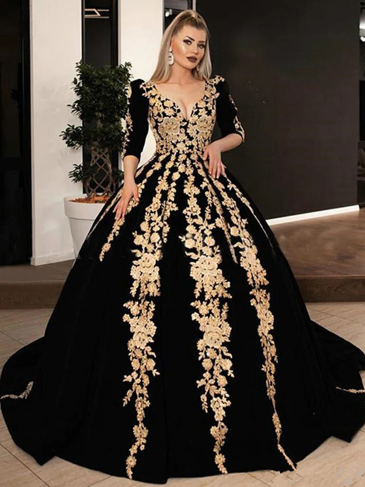 Vestidos de noite de veludo preto vestidos de noite mais tamanho em v alcool de caça-em renda de ouro brilhante Applique Kaftan Caftan Arabic Prom Valores