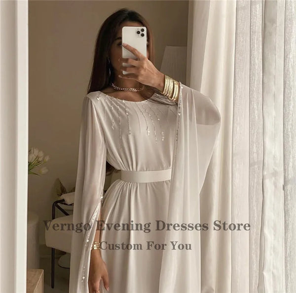 Ivory Dubai Kaftan Straight Evening Dresses Long Cape Sequin Scoop Sash Chiffon Prom Formal Dress Ankle Length Outfit