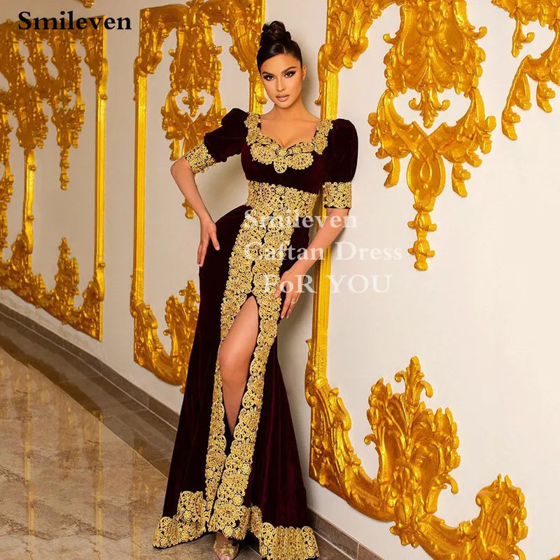 Burgundy Morocco Caftan Evening Dresses Short Sleeve Glod Lace Mermaid Prom Gowns Side Split Formal Evening Party Dress