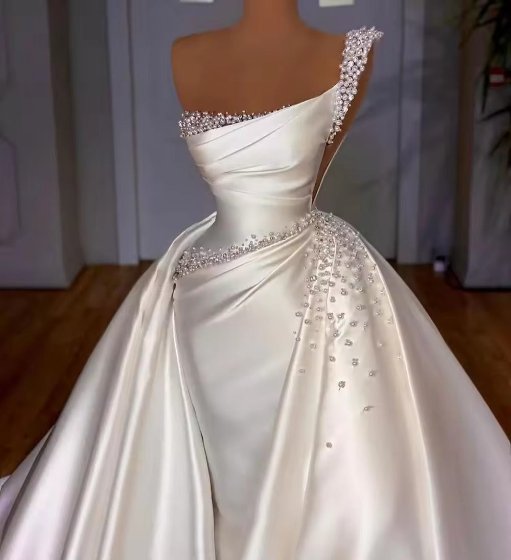 Vestidos De novia De sirena con tren desmontable De lujo para mujer, vestidos De novia sexis De satén con perlas, vestidos formales elegantes para fiesta, bata De boda 