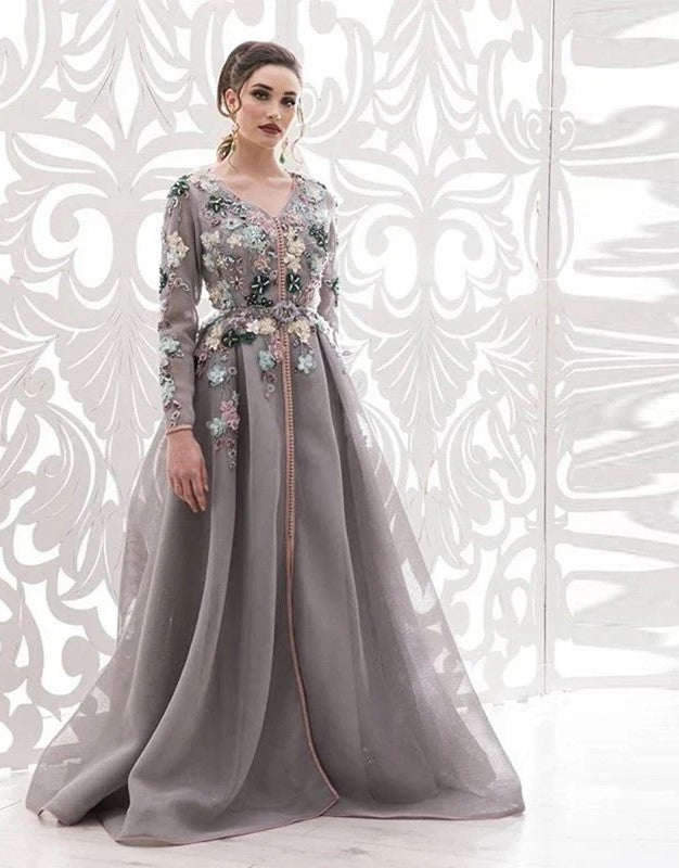 Lange avondjurken Charmante 3D -bloemen Dubai Marokkaanse Kaftan Vestido de Fiesta de Boda formele gewaden de Soirée